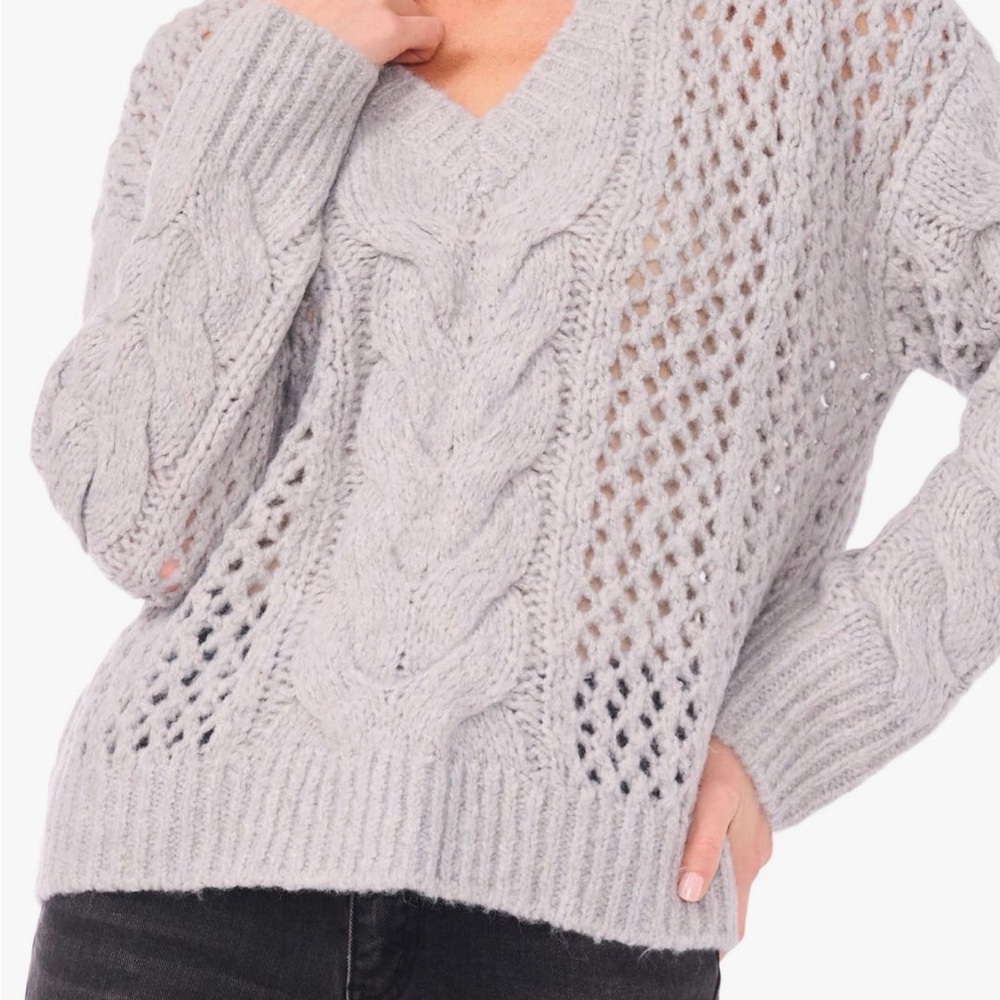 Parker Light Gray Openwork Cable Knit V-Neck Sweater
